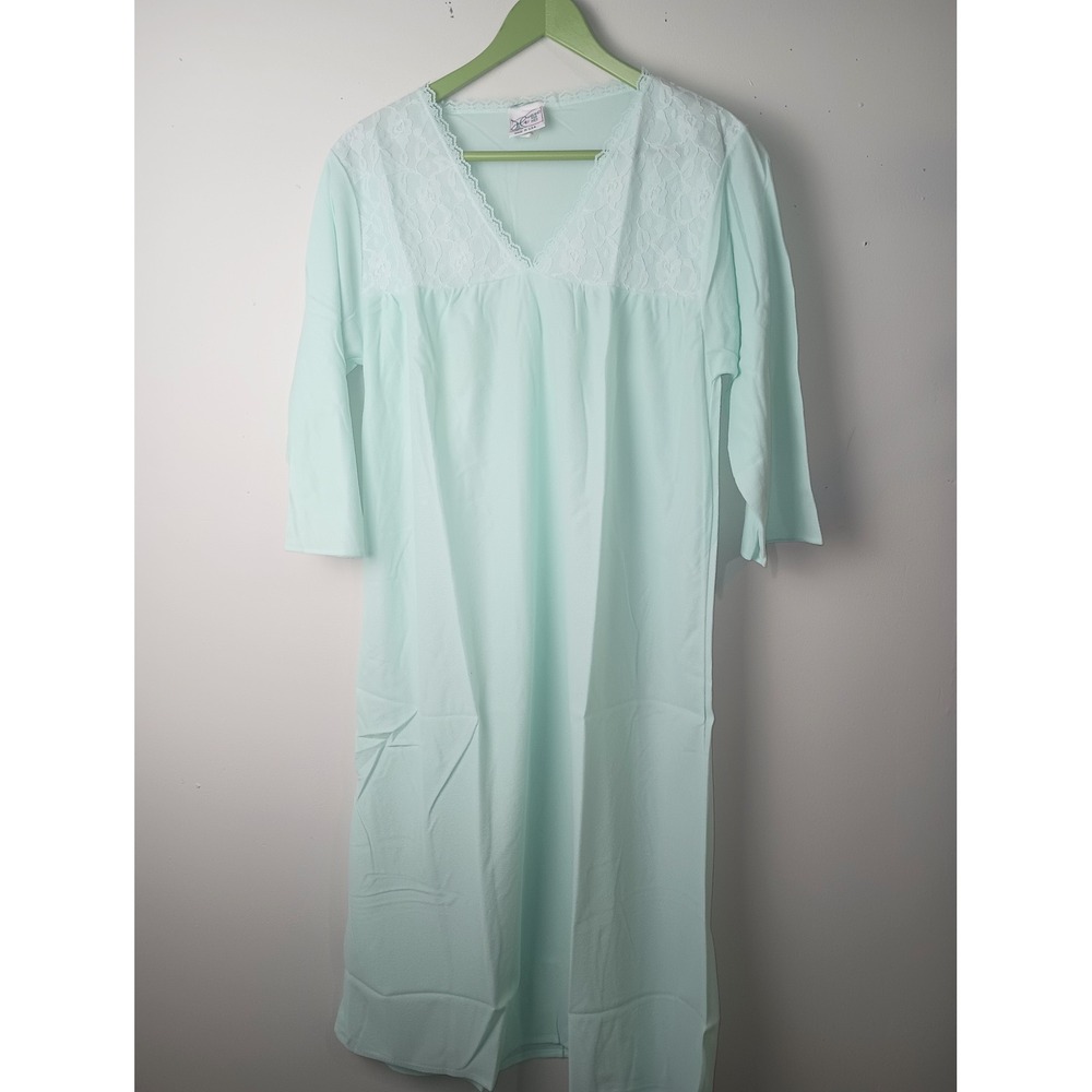 Vintage Haband for Her Mint Green Lace Trim Nightgown V-Neck Made in USA Large